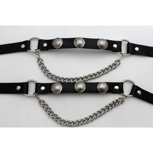 Men Boots Chains Pair Black Faux Leather Strap Native American Charm Motorcycle